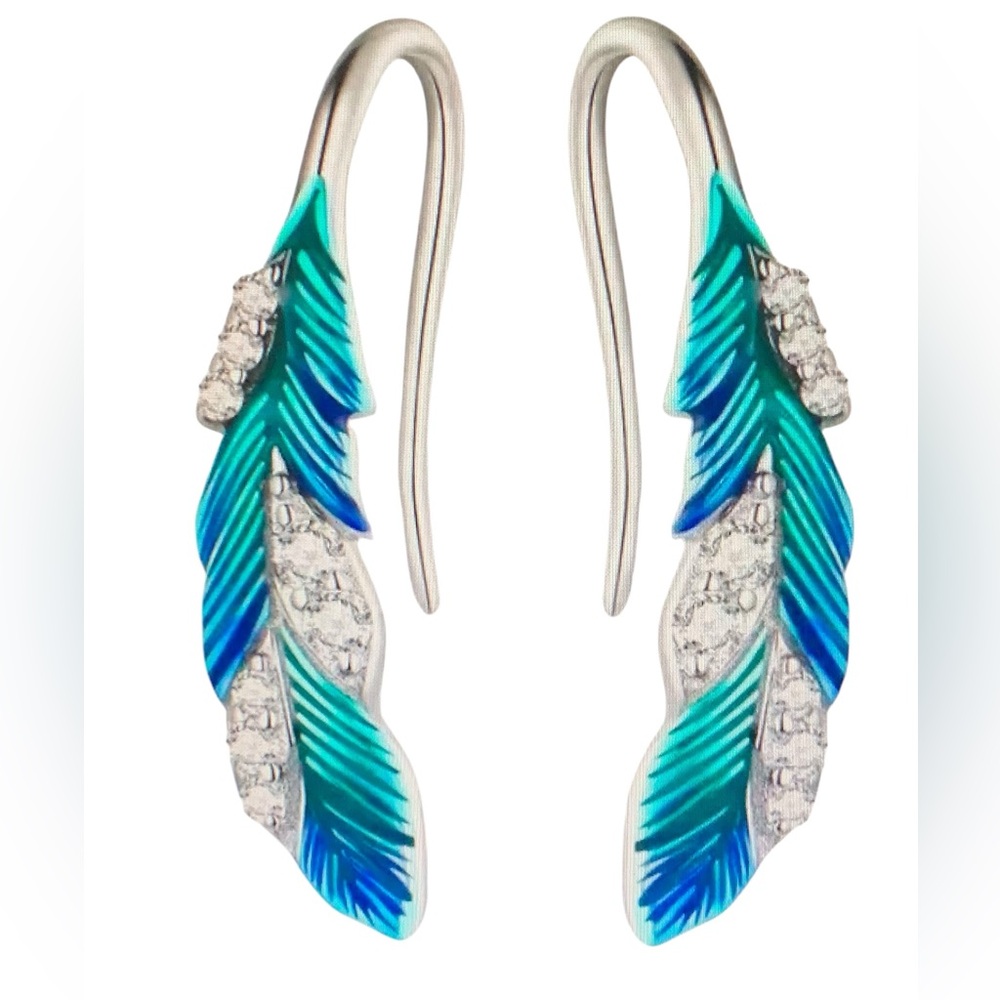 925 Sterling Silver Bohemian Blue Feathers Earrings Pave Setting CZ
